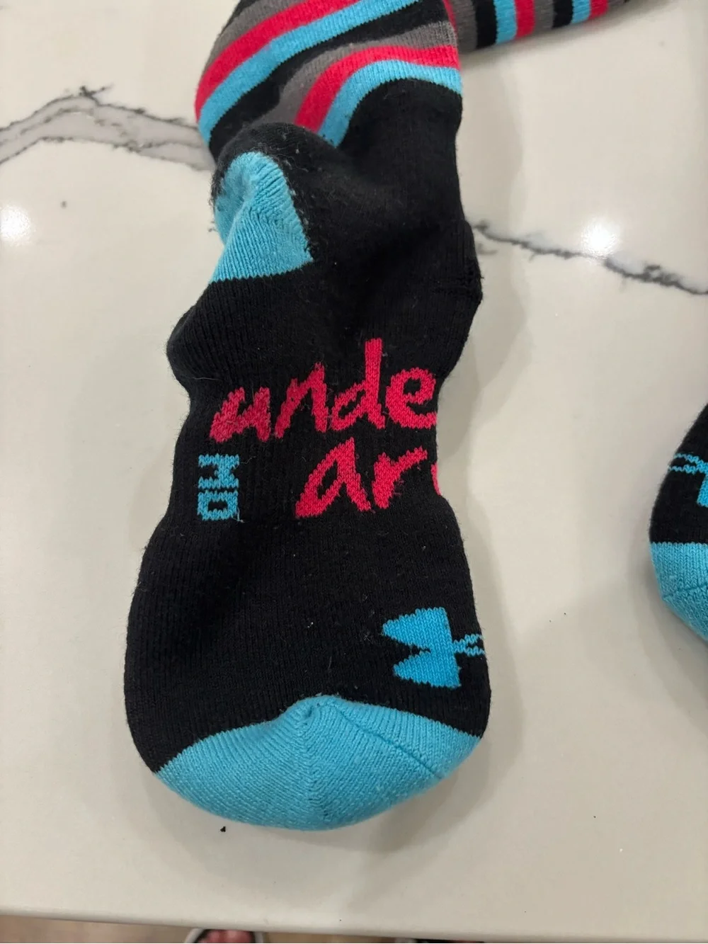Under Armour Black Knee-High Ski/Snowboard Socks with Turquoise & Pink Stripes